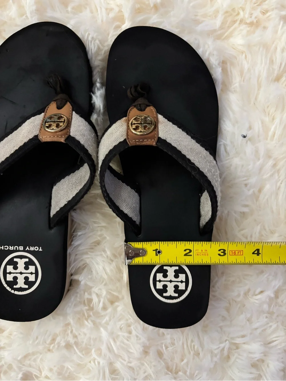Tory Burch Black Flip Flop Sandals with Cream Straps and Gold Logo